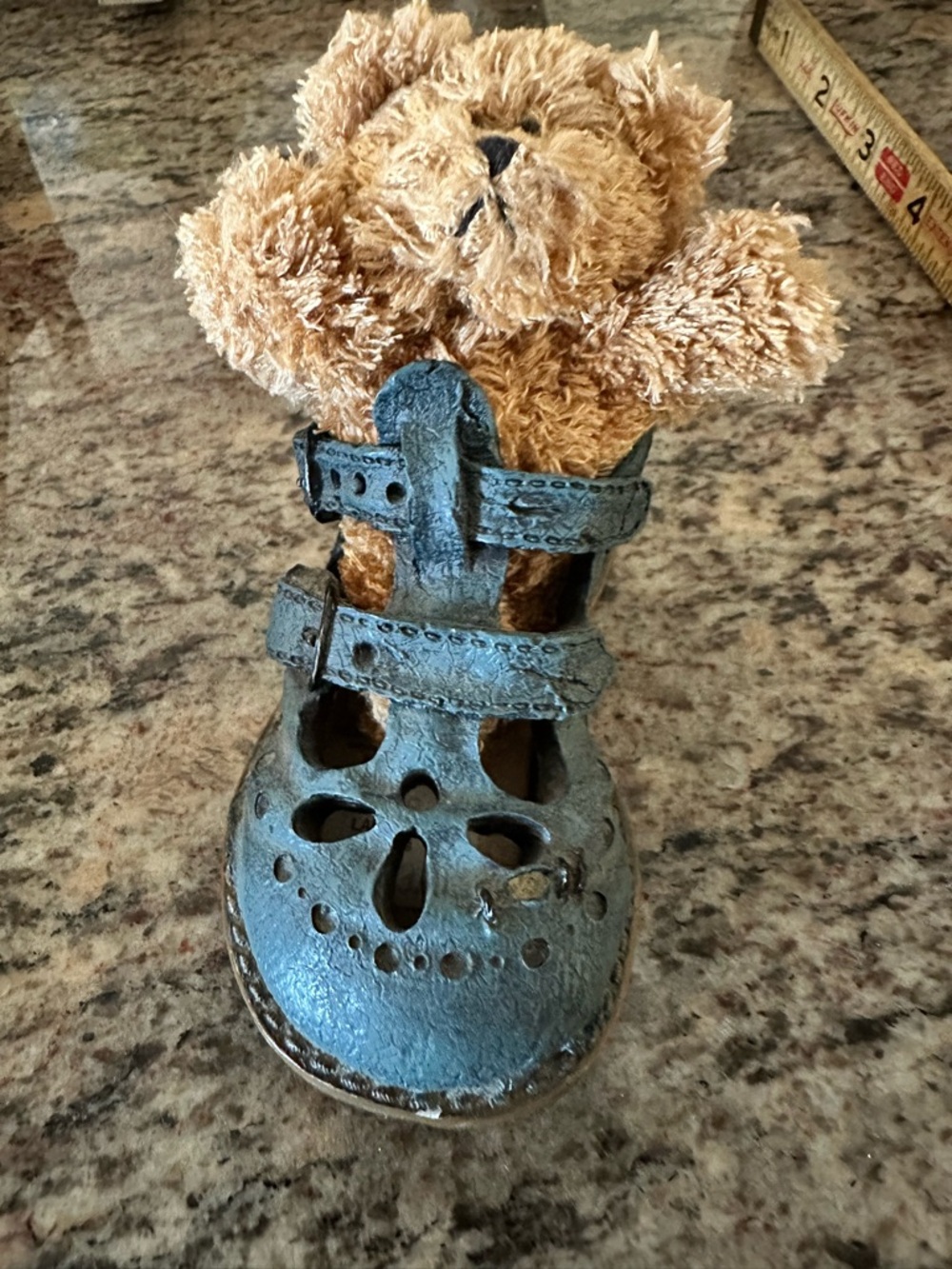 Vintage Decorative Blue Metal Shoe Planter with Teddy Accent
